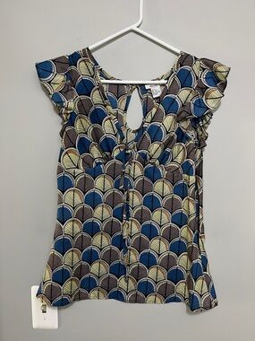 Hanna G. 100% Silk Fan Print Flutter Sleeve Blouse